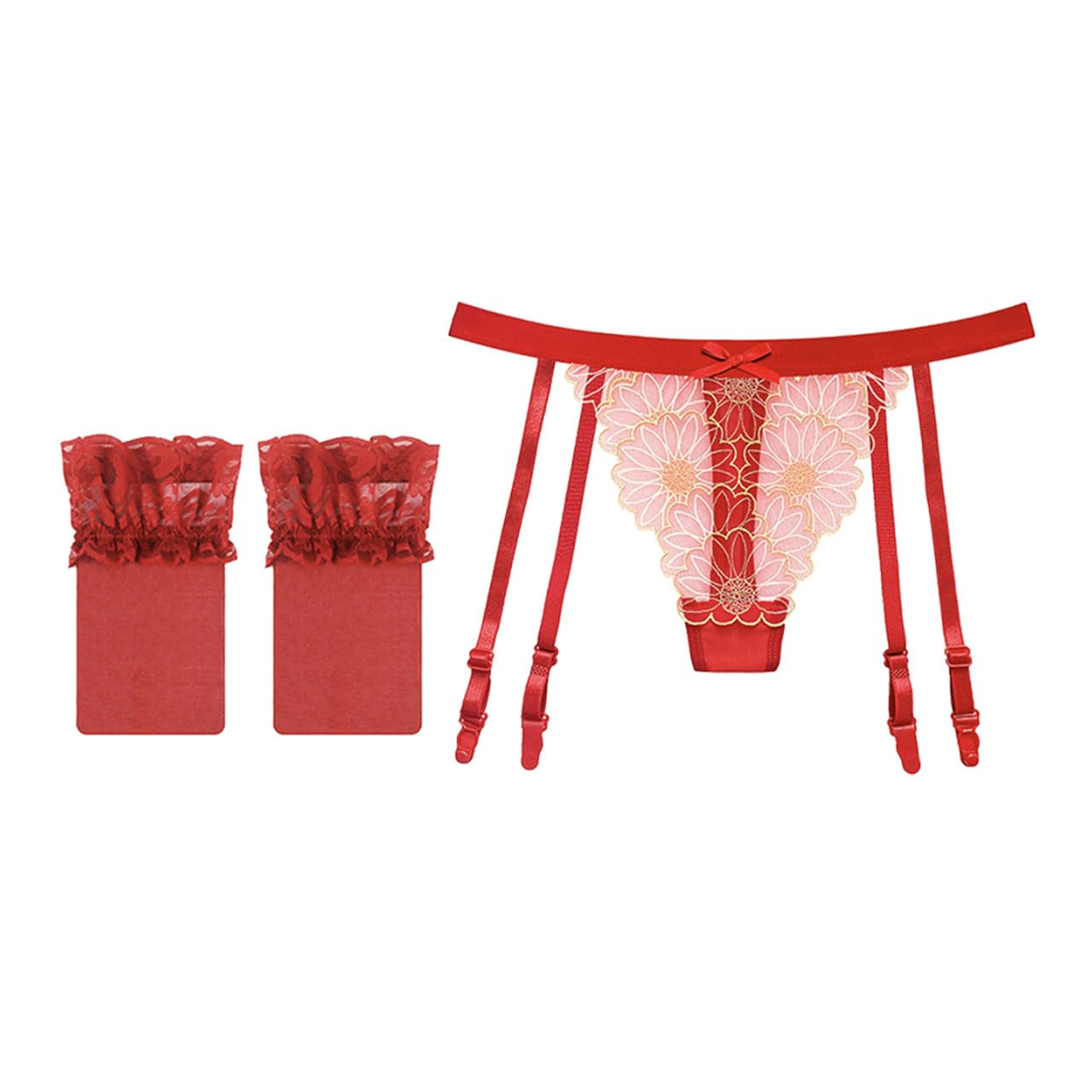 Buzz Selection Цветочный вышитый пояс для чулок с чулками TV215 Женский ленточный, Т-образные колготки, (красный)