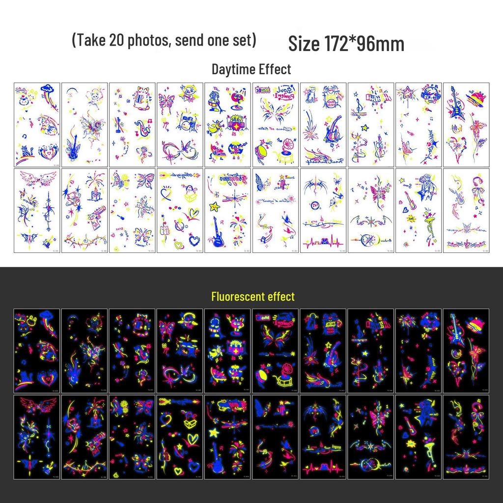 Neon Glow Music Festival Tattoo Stickers: Bright Fluorescent Designs for Concerts and Parties