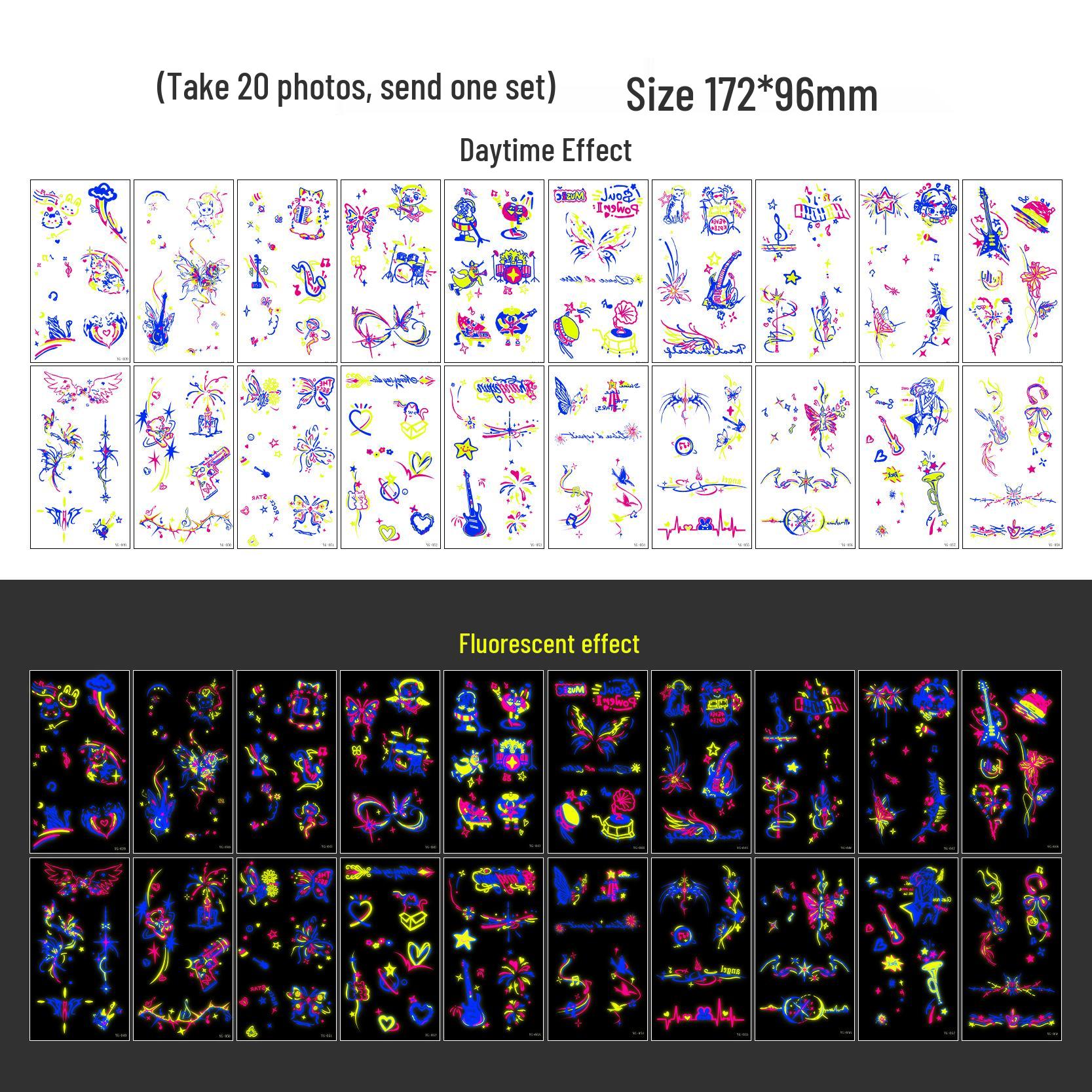 

Neon Glow Music Festival Tattoo Stickers: Bright Fluorescent Designs for Concerts and Parties 172x96mm