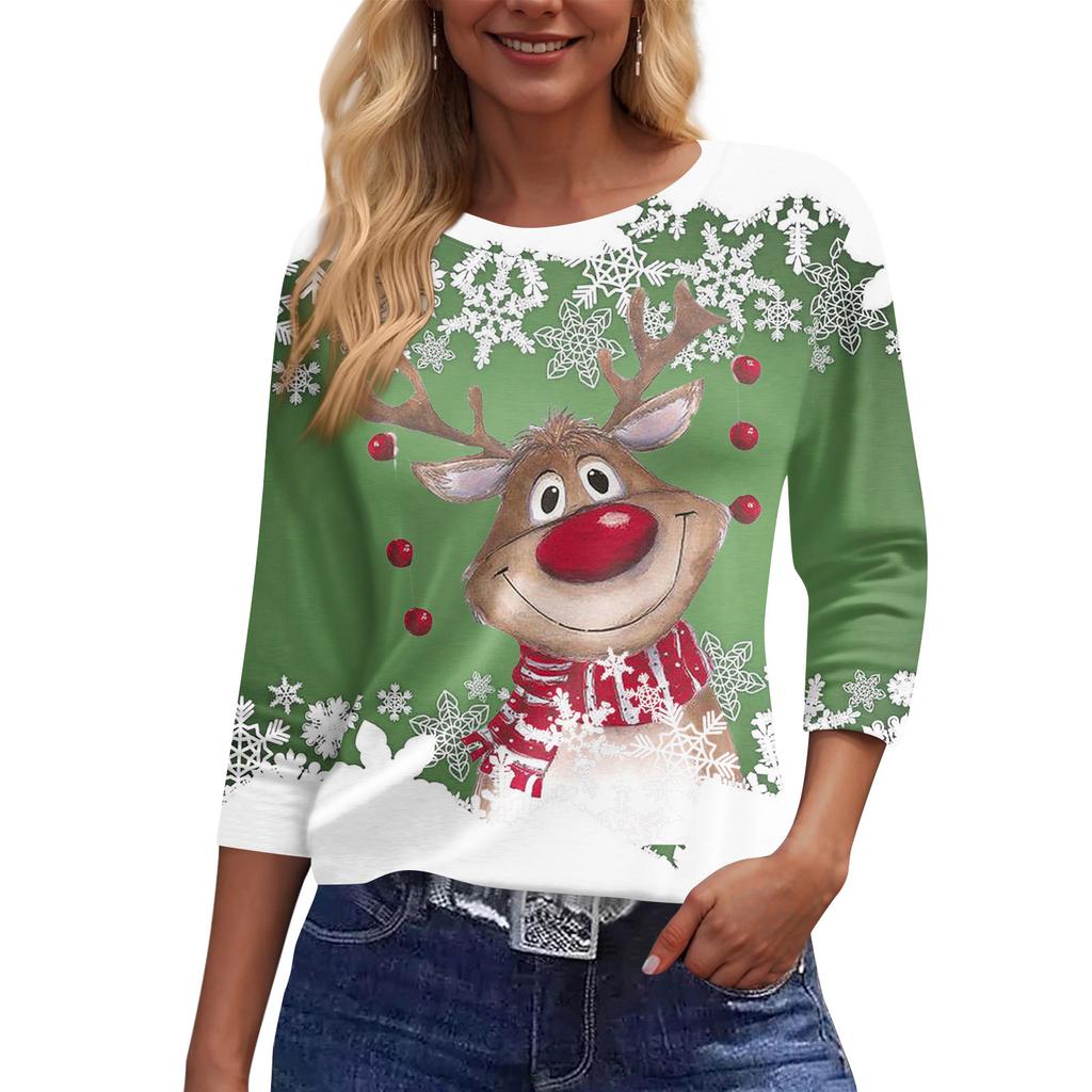 Mote Casual Rund Hals 3/4 Erme Løs Trykket T-skjorte Dame Topp