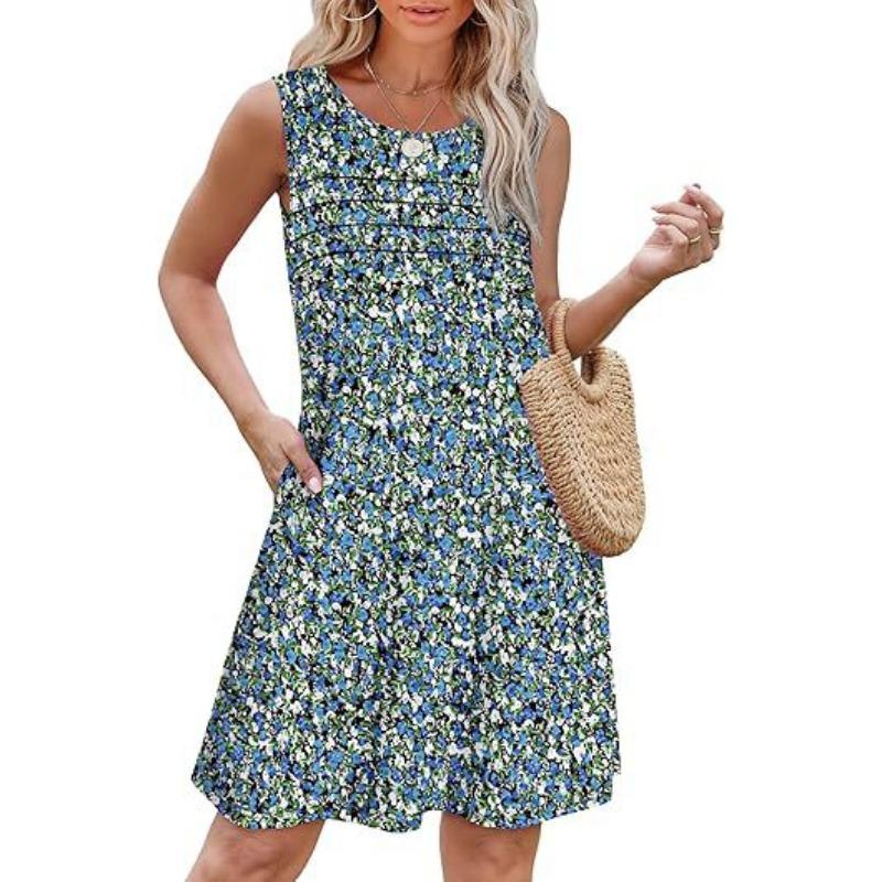 Women's Casual Crew-neck Pleated Sleeveless Print Pocket Dress