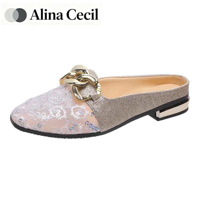 Mules Estive da Donna in Rete con Paillettes, Fibbia Dorata, Tacco Basso, Slip-on Senza Tallone, Piatte per Uso Quotidiano e Uscire