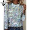 Women's Fashion Casual Autumn Winter Colour Block Print Long Sleeve O-Neck Blouses & Shirts