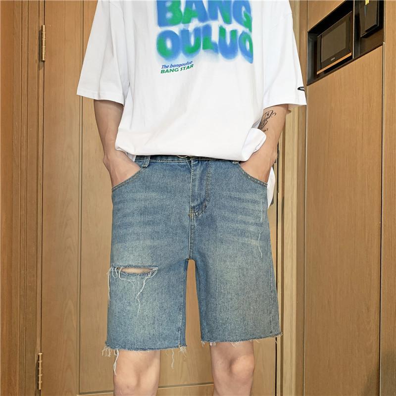 JYL Men's Denim Shorts Summer Raw Edge Ripped Korean Trendy Loose Straight Denim Pants