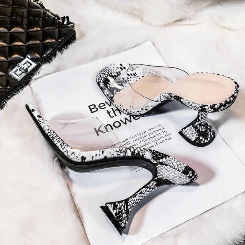 Fashion Eilyken New Serpentine Slippers Woman Cozy Cup Heel PVC Transparent Sexy Square Open Toe Party Sandals Slides Shoes