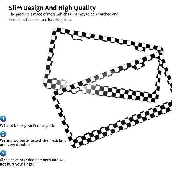 2Pack Simple Style Black And White Racing And Checkered Pattern Car License Plate Frames, Aluminum Car Tags Frame With Screws Caps