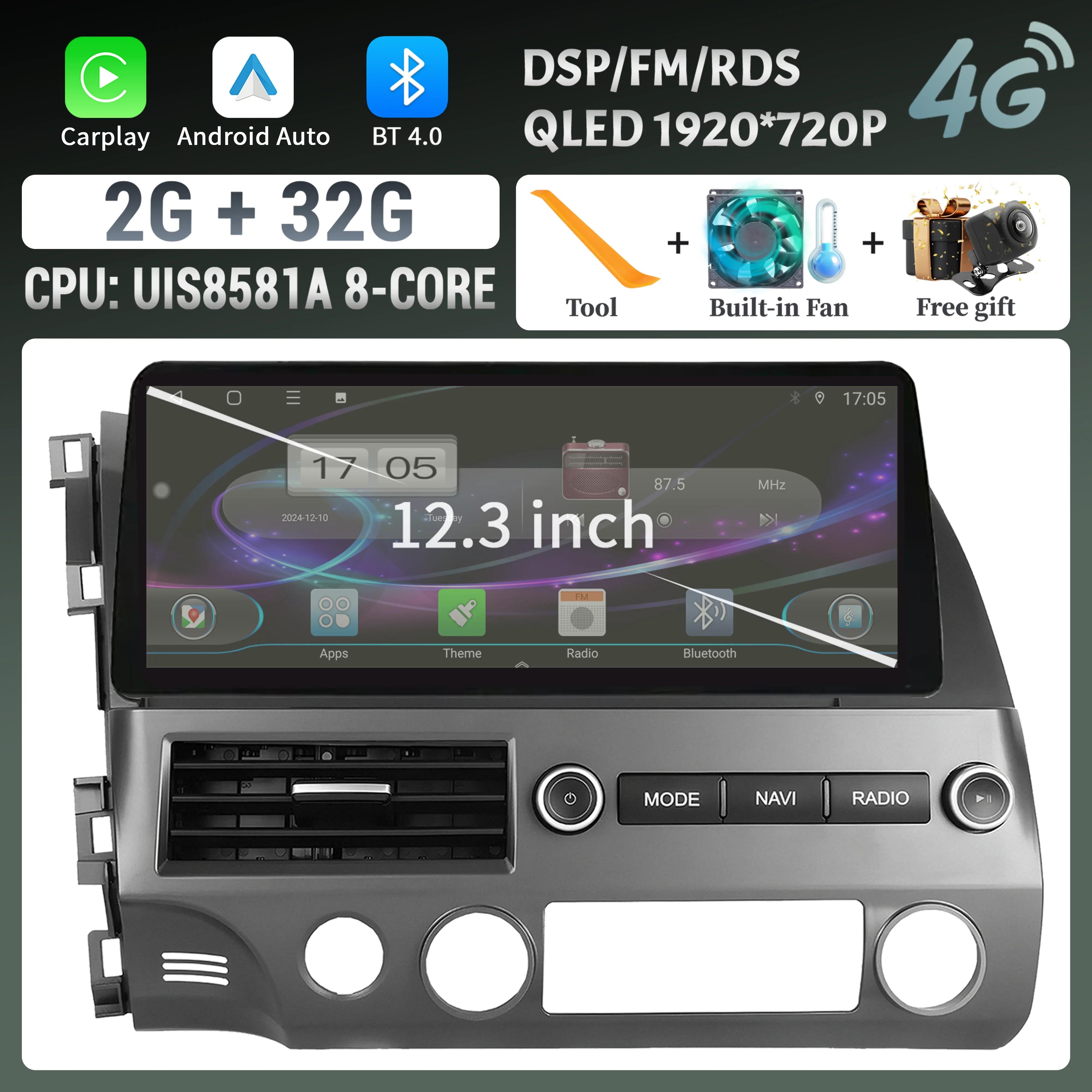 

12.3 For Honda Civic 2005-2012 Car Radio Navigation Wireless BT CarPlay Android Multimedia 4G GPS Touch Head Unit Screen Stereo CHINA