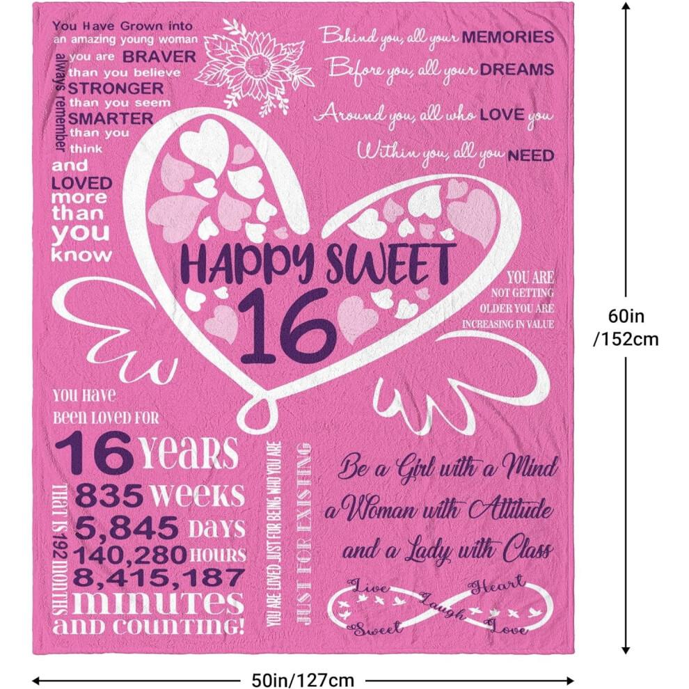 Sweet 16 Blanket Gift for Girls, 40"x50", Birthday Present for Daughter, Sister or Her – Compatible with Teen Bedroom Decor