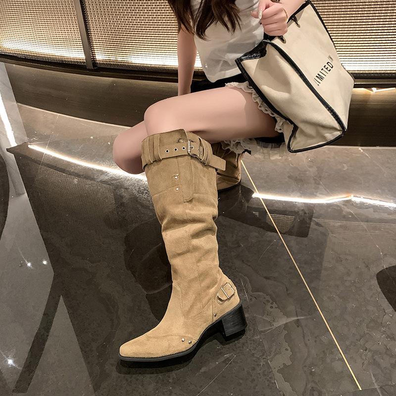 

Skinny Spring and Autumn Suede but Knee Boots 2025 Apricot Pile Pointed Women s Boots Coarse Heel Folded Boots Women 40 абрикосовый