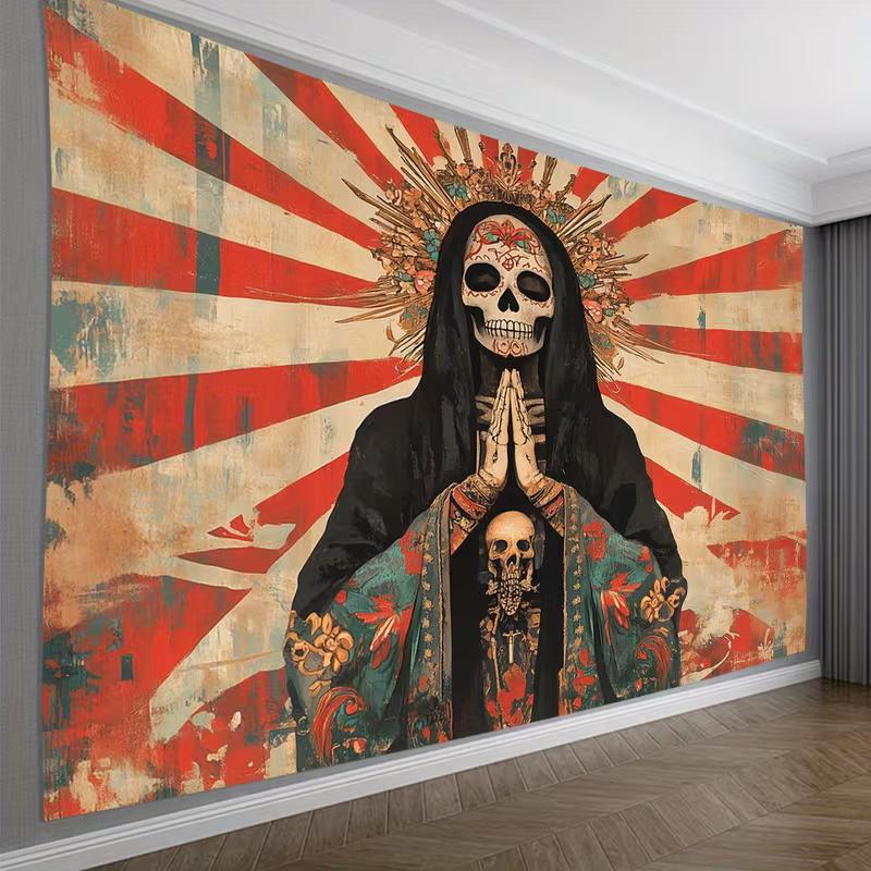 2D Holy Death Skull Tapestry Retro Mexican Aesthetic Background Cloth 47.2x31.5inch/120*80cm