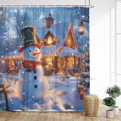 Cute Christmas Snowman Shower Curtain Winter Forest Xmas House Cedar New Year Home Bathroom Decoration Bath Curtains With Hooks