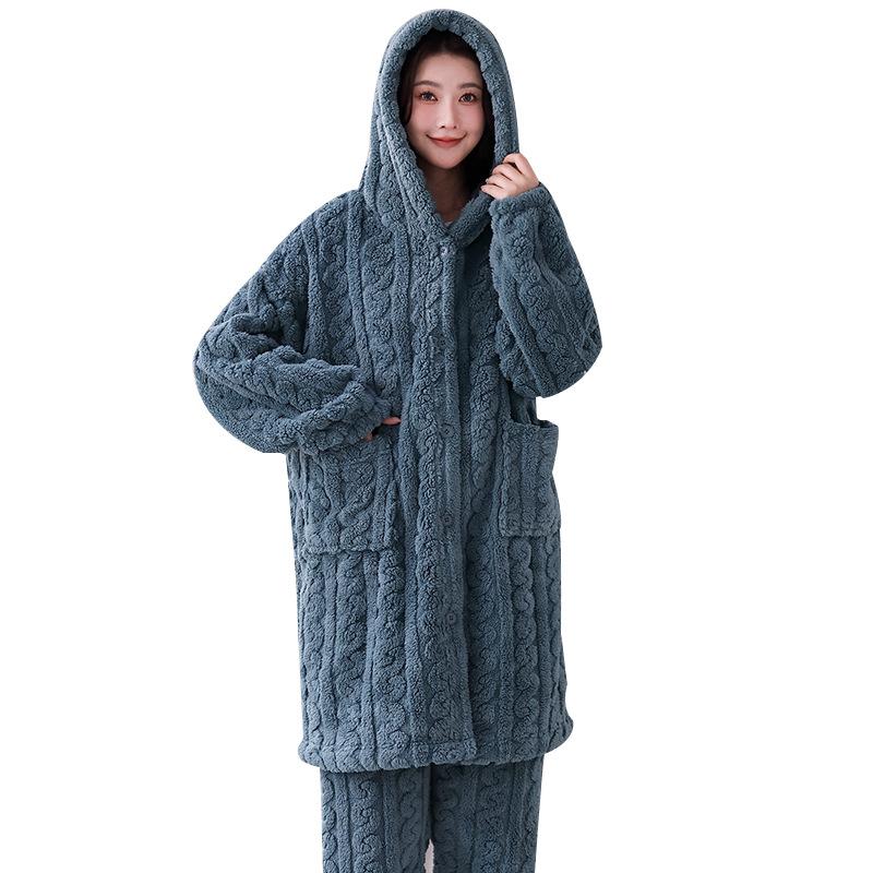 Coral Velvet Pajamas Women's New Winter Long Sleeve Thick Warm Jacquard Velvet Home Suit Can Be Worn Outside