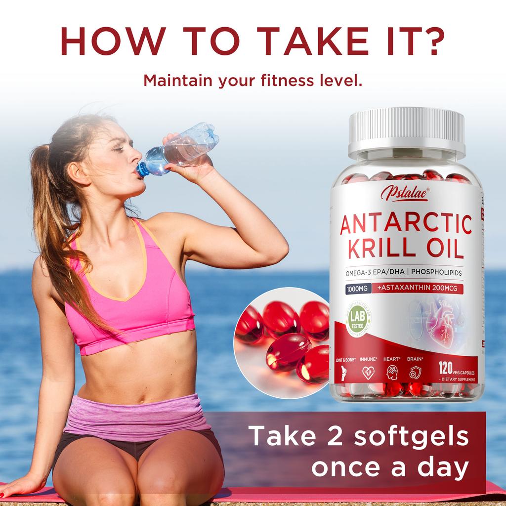 Olio di krill antartico 1000mg, contiene fosfolipidi Omega-3 e astaxantina, supporto antiossidante, adatto agli adulti.