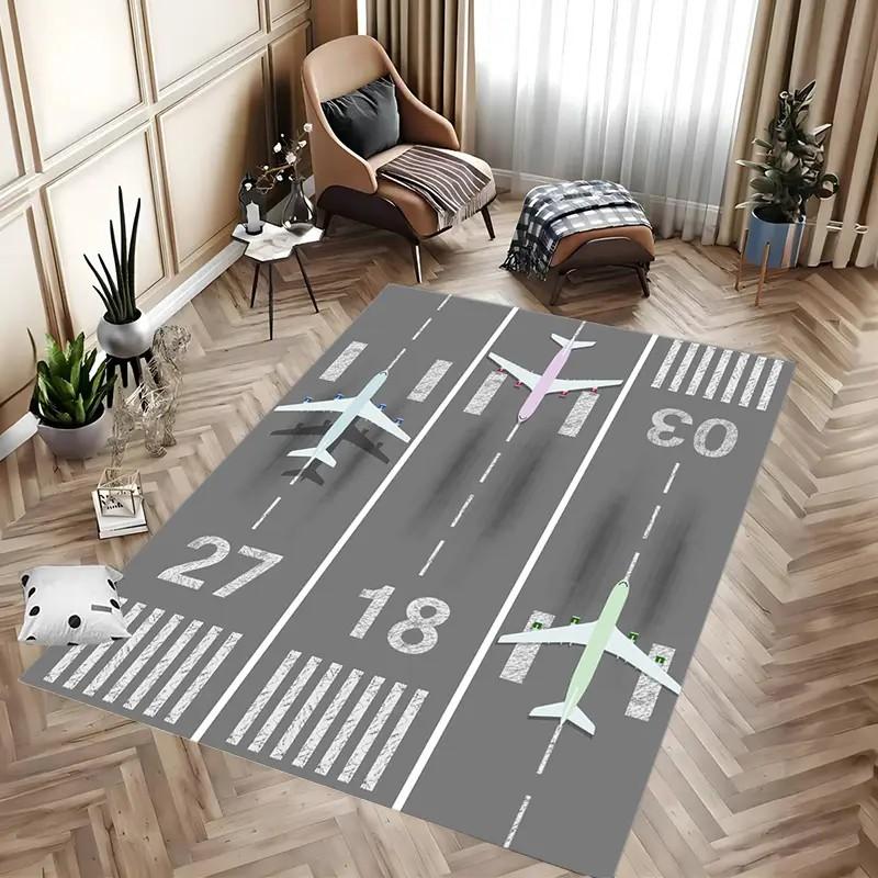 Airport-Themed Carpet Green with Airplane & Runway Design Rug for Living Room, Outdoor, Kitchen, Bathroom, Airplane Decor Mat