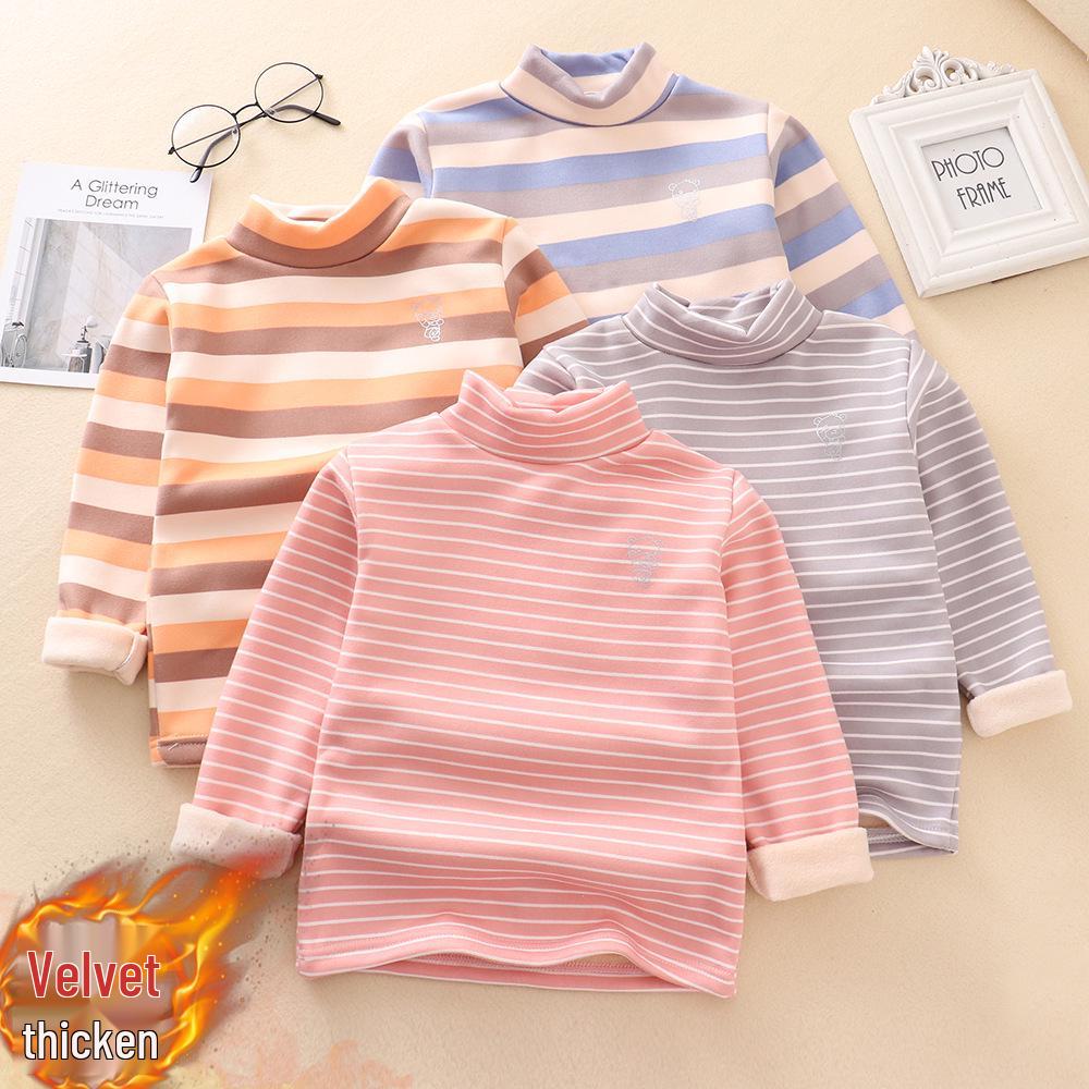 

Kids Striped Fleece-Lined Semi-High Neck T-Shirt for Autumn/Winter 100 cm
