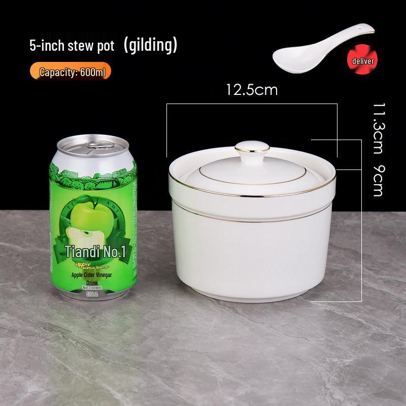 Pure White Ceramic Water-Bath Stew Pot with Gold Rim - Hotel & Commercial Grade, Ideal for Chinese Shaxian, Bird's Nest, and Steam Egg Dishes.