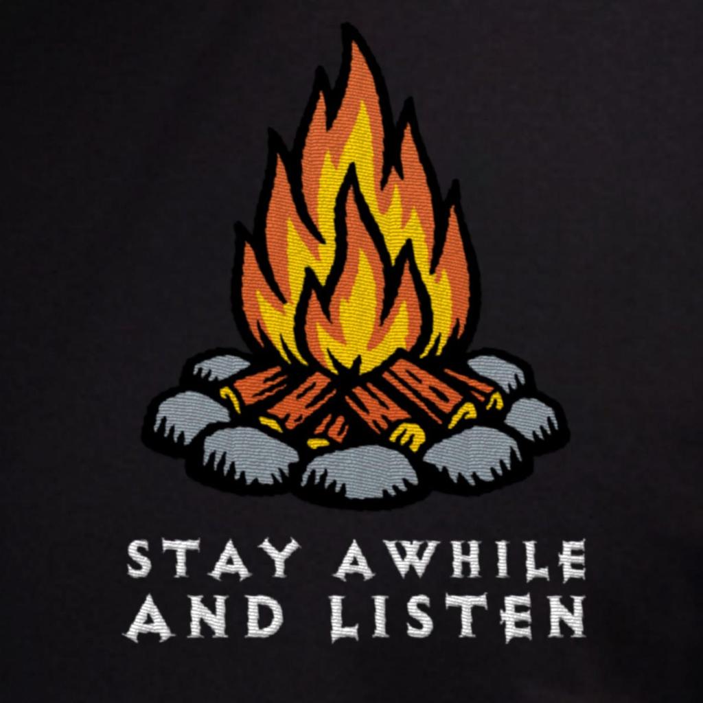 Stay Awhile and Listen Gamer Shirt Diablo Inspired Embroidered Shirt Campfire Pixel Flames Cozy Gaming Tee Retro Video Gamer Gift Idea