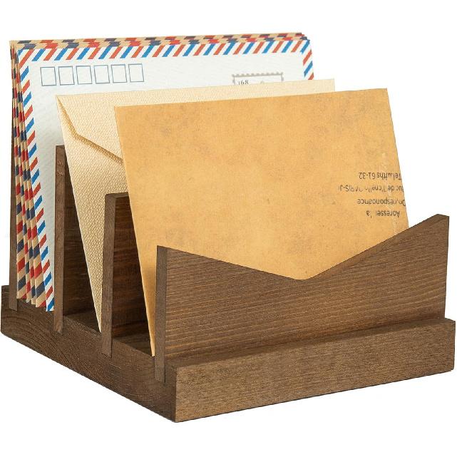 Wooden Mail Organizer Countertop, 3 Slots Mail Holder for Paper, Bill, File, Envelope, Rustic Letter Holder for Desk, Vertical Letter Organizer
