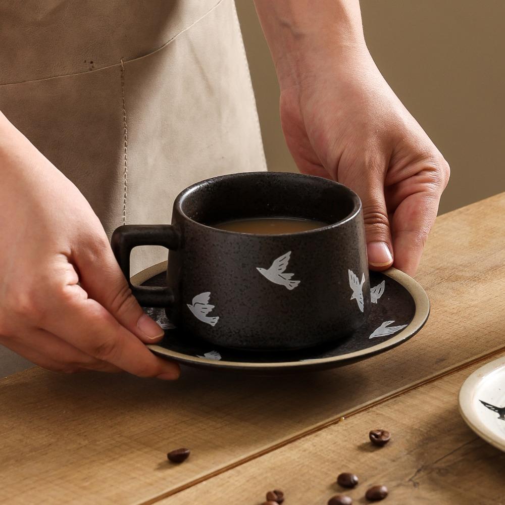 

Japanese retro flying bird coffee cup cross-border creative kiln-changed ceramic cup saucer household coarse pottery afternoon tea teacup water cup 250ml