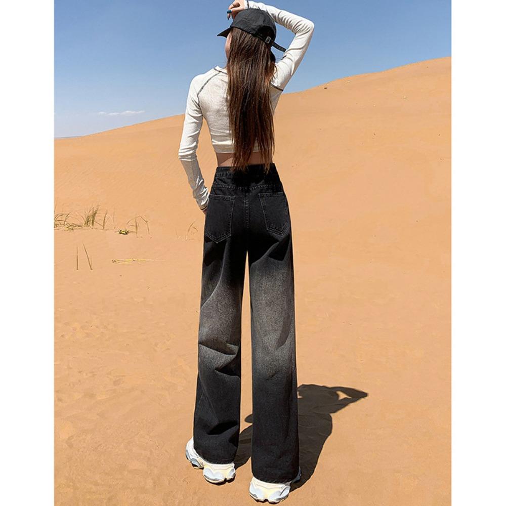 Commuter Simple Wide-leg Jeans Women's Spring and Autumn Models New High Waist Loose American Style Gradual Change Straight Jeans