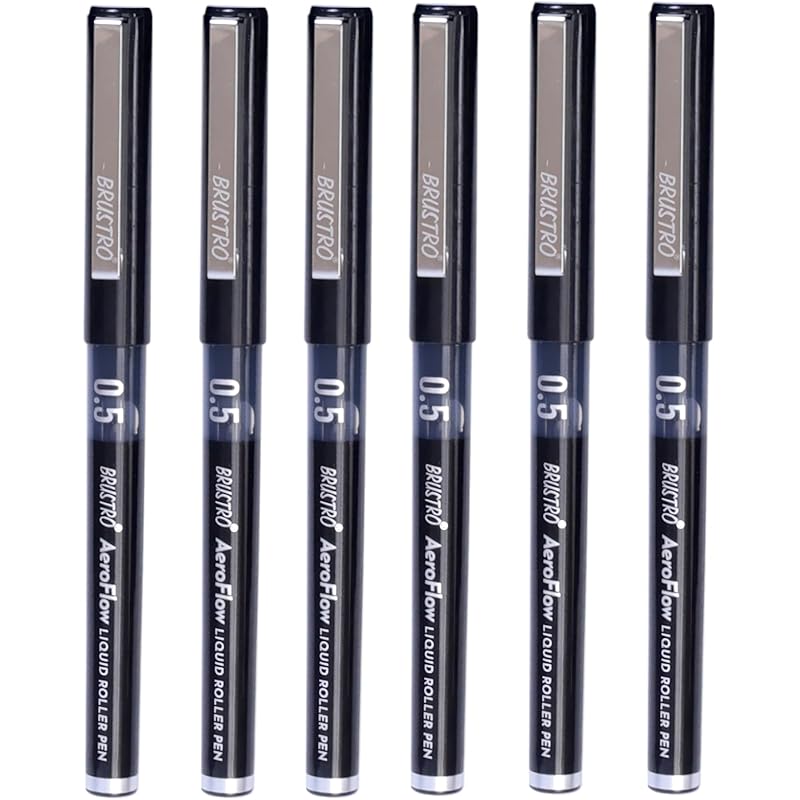 Brustro Aeroflow Liquid Ink Rollerball Pens | Black | 0.5Mm, Micro Tip | Pack Of 6 | Ideal For Students, Professionals,