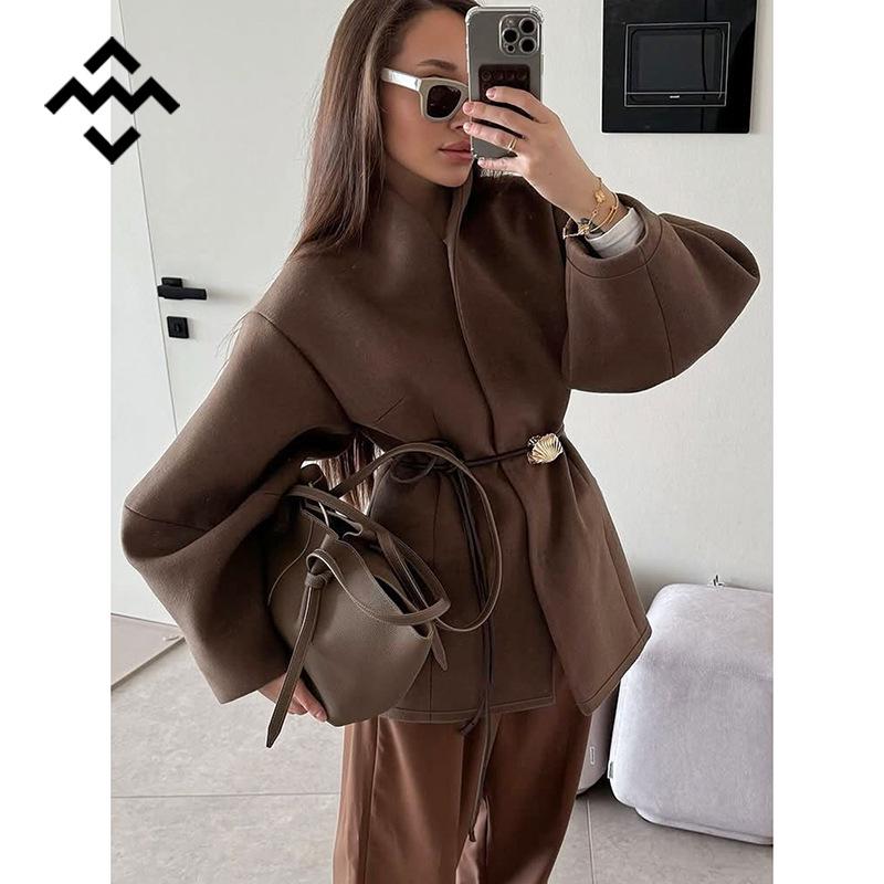 Women's High-End Brown Wool Trench Coat - Fashionable, Temperate Design with Waist-Cinching for Autumn & Winter
