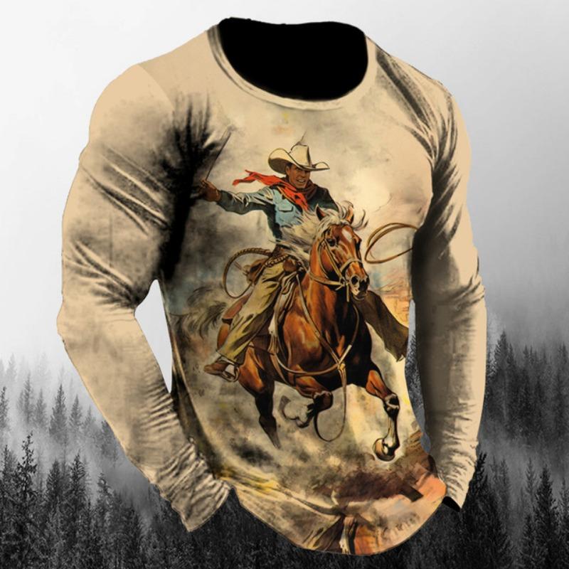 

Винтажная осенняя мужская футболка с ковбойским принтом Westside, повседневная футболка с длинными рукавами и оверсайзом, модные топы, трендовая мужская одежда 3XL