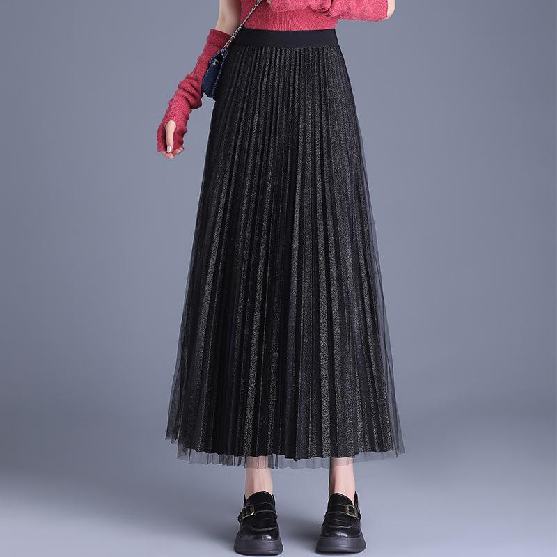 Elegant High Waist Pleated Silk Mesh Skirt – Double-Sided Versatile Fashion Skirt for Women