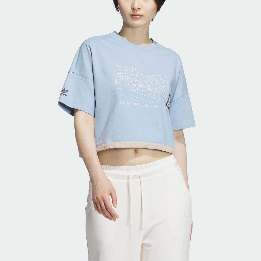 Adidas Originals X Chang Cangxiong Capsule SS23 Collection Hand-Drawn Print Drawstring Cropped Round Neck T-Shirt Women Tops Blue IS0651