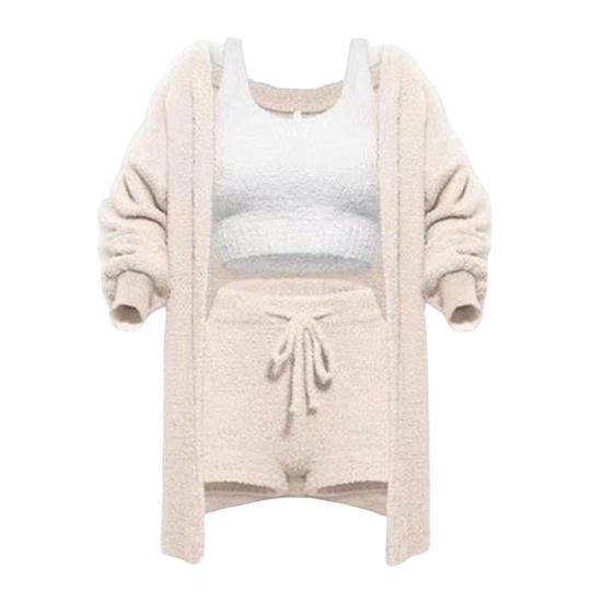 3 Pcs/Set V Neck Set Long Shorts Coat Sleeve Thick Coat Women Vest Sleeveless Top Drawstring