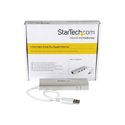 STARTECH Portable USB 3.0 Hub - 3 Ports with Integrated Cable - USB 3.0 Hub Plus Gigabit Ethernet - Aluminum