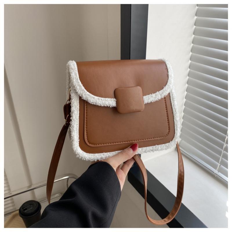Bag Women's Autumn and Winter New Plush Splicing Messenger Bag Simple Commuting Temperament Versatile Shoulder Small Square Bag