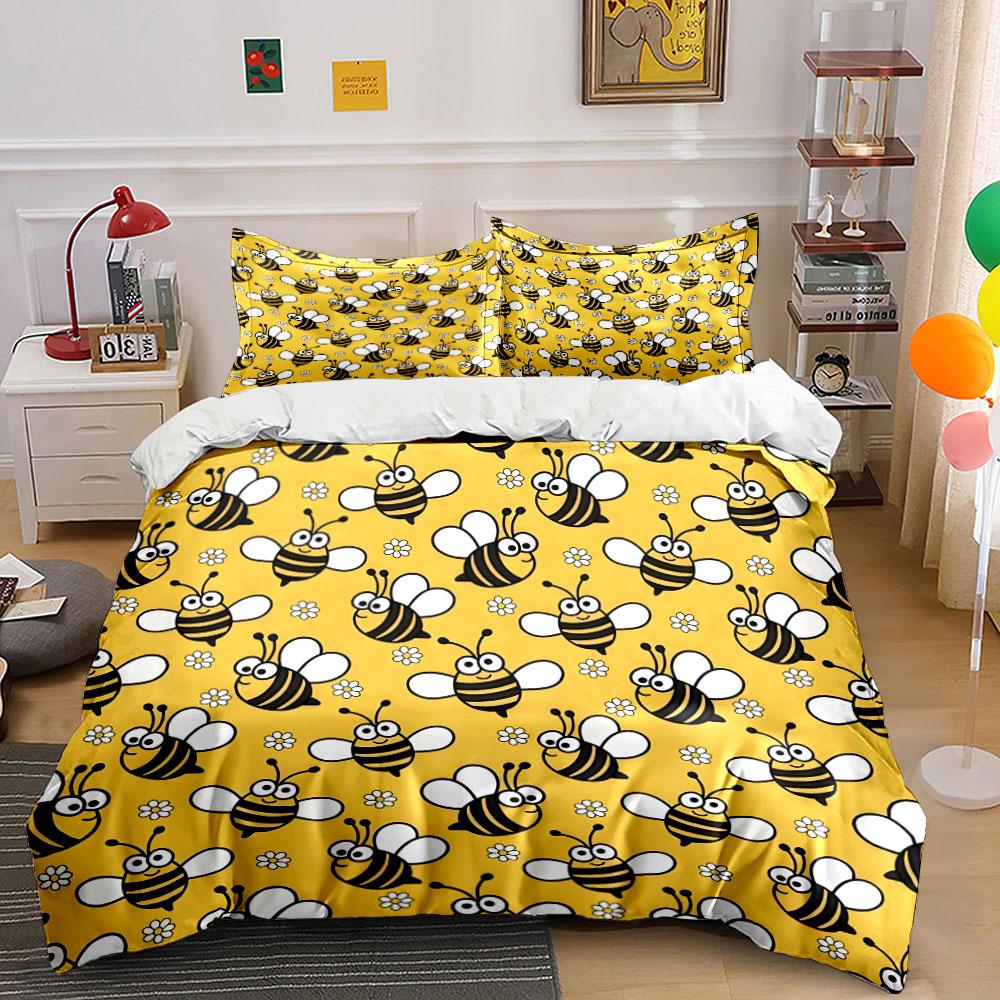 Cute Cartoon Bees with Flowers Bedding Duvet Cover Set (1*Duvet Cover 2*Pillowcases, without duvet insert)