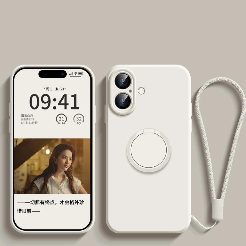 Luxury Original Liquid Silicone Ring Holder Case For iPhone17 16 15 14 Plus 13 12 Mini 11 Pro X XR XS Max With Strap Soft Cover