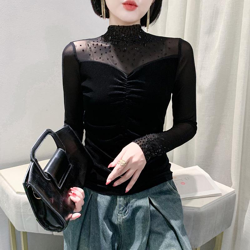 2024 Autumn/Winter V-Neck Women's Long Sleeve Beaded T-Shirt with Stylish Hot Drilled Design