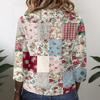 Women Vintage Floral Print Patchwork Henley Button Neck Three Quarter Sleeve Cotton Linen Shirt Casual Loose Fit Blouse