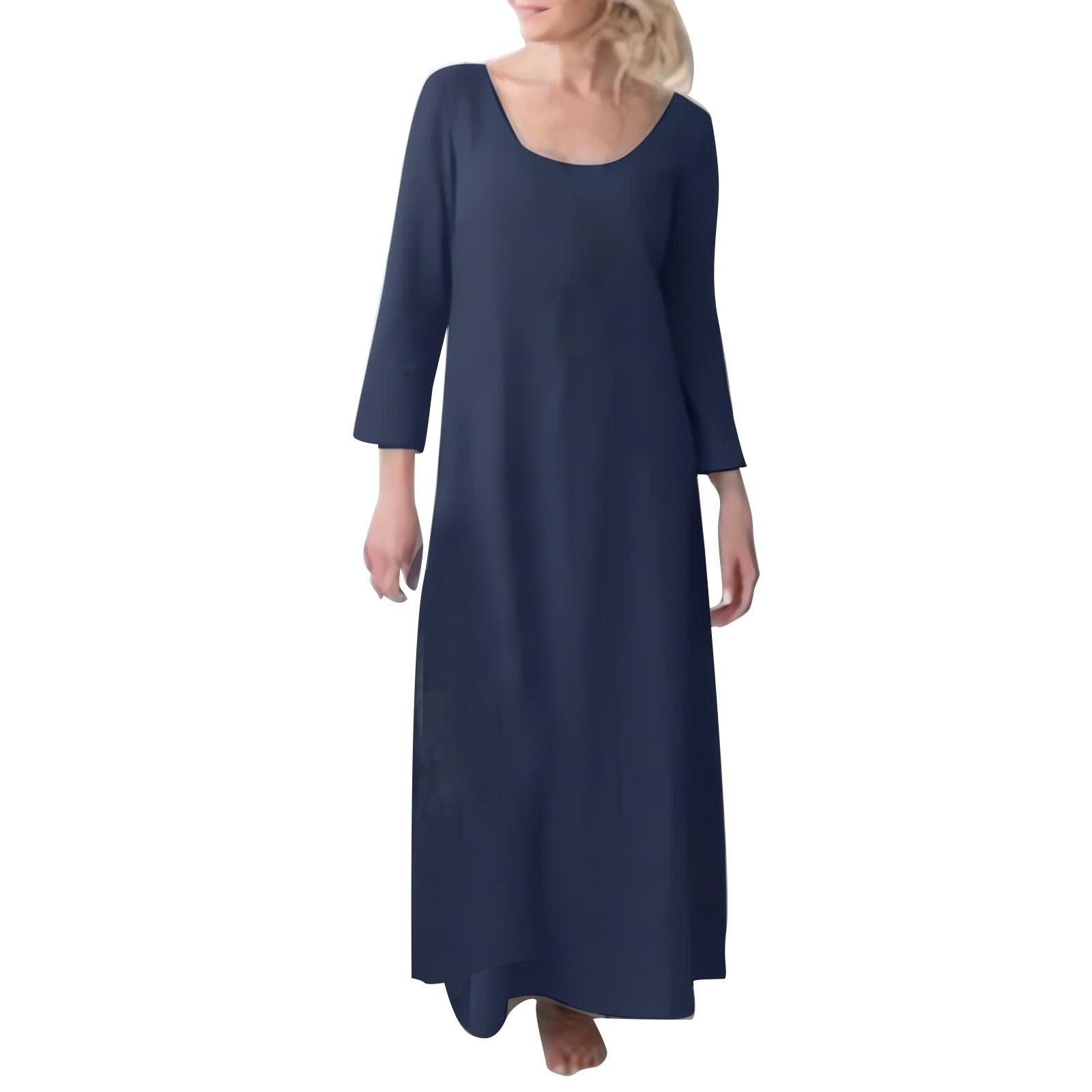 

Женское модное повседневное хлопковое льняное платье однотонное длинное платье с длинным рукавом XL синий