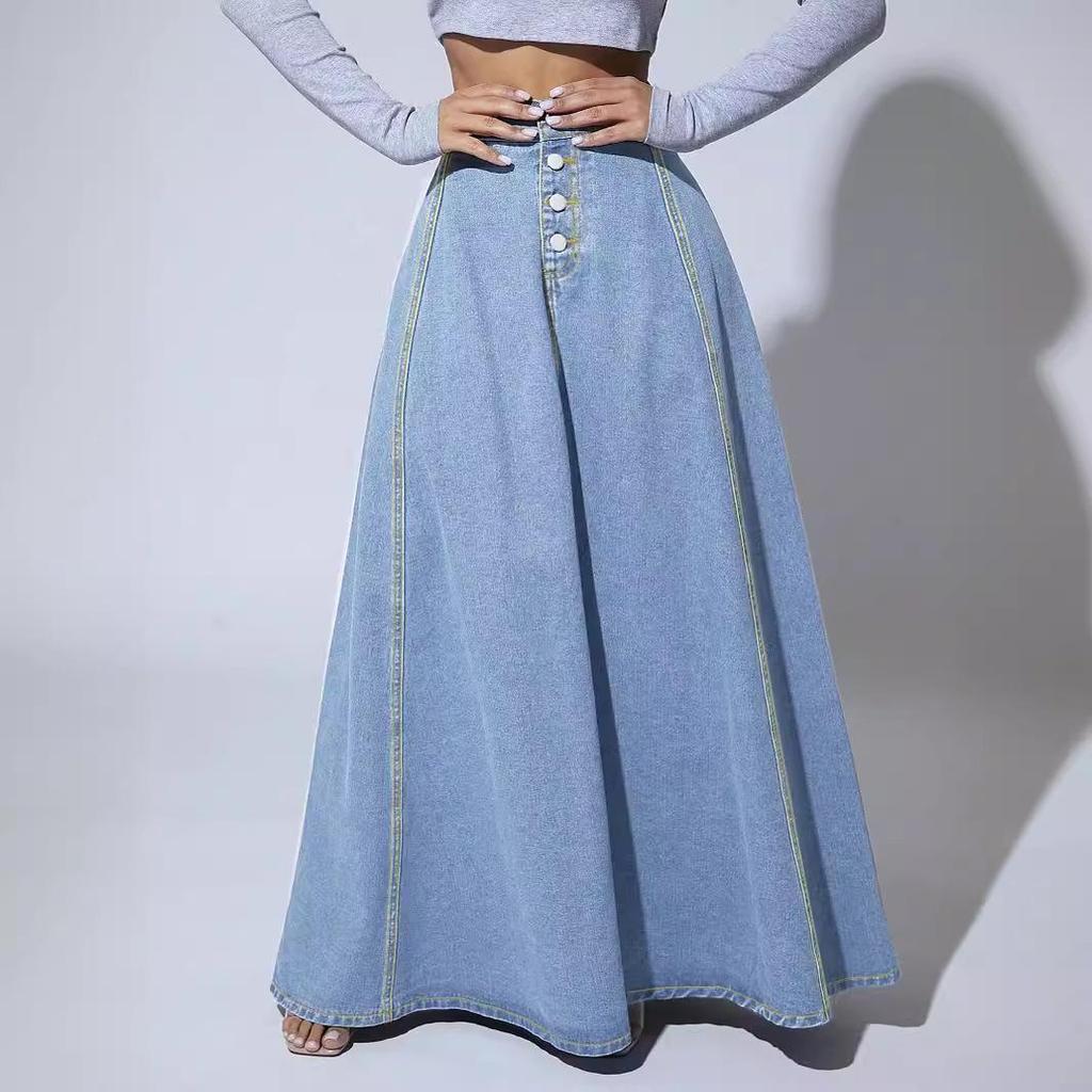 Spring Summer and Autumn Design Sense Single-breasted Denim Skirt Female Retro Western Style Big Swing A-line Skirt