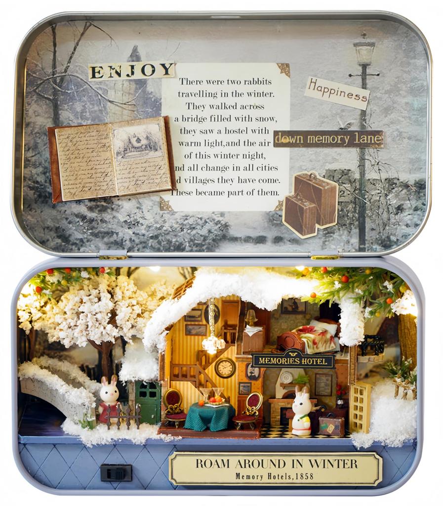 ZKEIZU Miniature Dollhouse Wooden DIY Hut Box Winter Rabbit Journey Assembly Kit Kit, Theater, (Winter Walk)