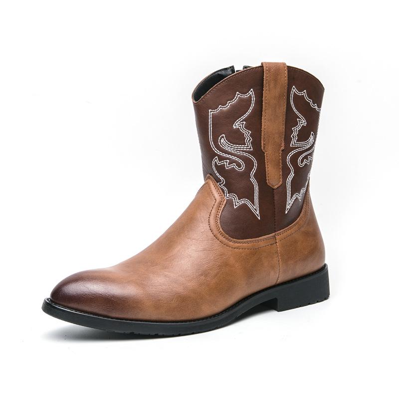 Men s Retro Western High-Top Boots: Large Size, Matte Leather, Pointed Toe, Chunky Heel, Embroidered, Autumn/Winter. 43