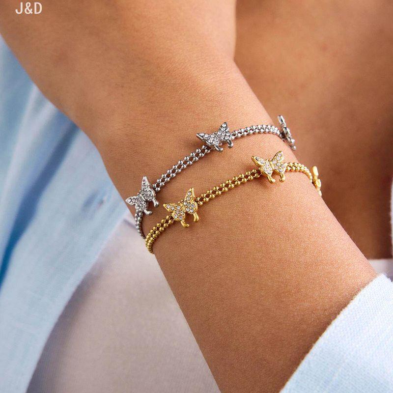 and American Style Versatile Stackable Bracelets for Women, Light Luxury Niche Exquisite 18K Gold-Plated Pink Zircon Titanium Steel Non-Fading Jewelry