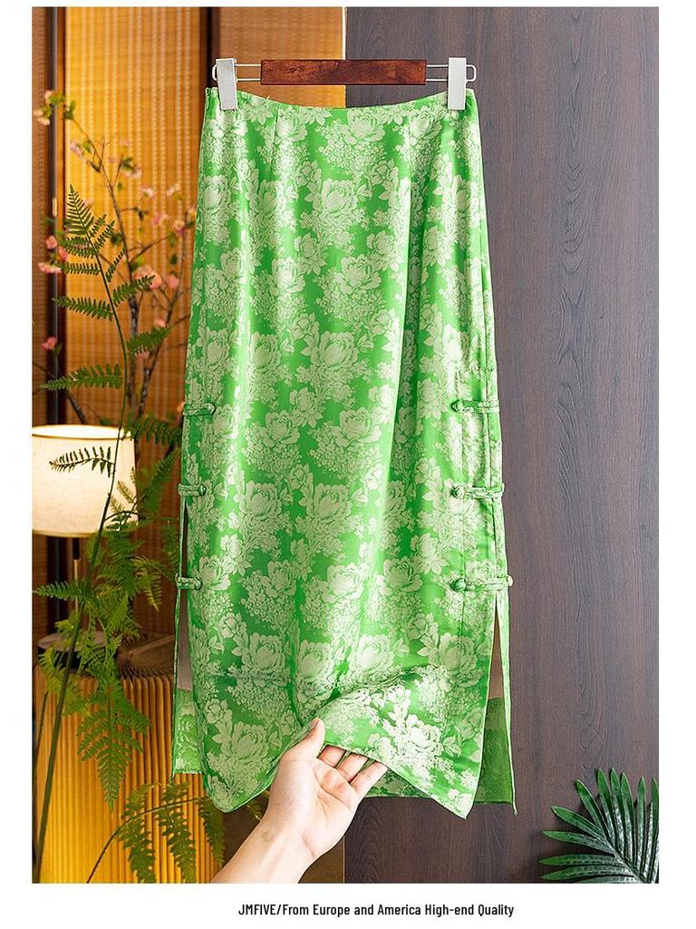 2026 Spring/Summer Women's Black Silk Midi Skirt - Chinese National Style, Jacquard A-line with Slit