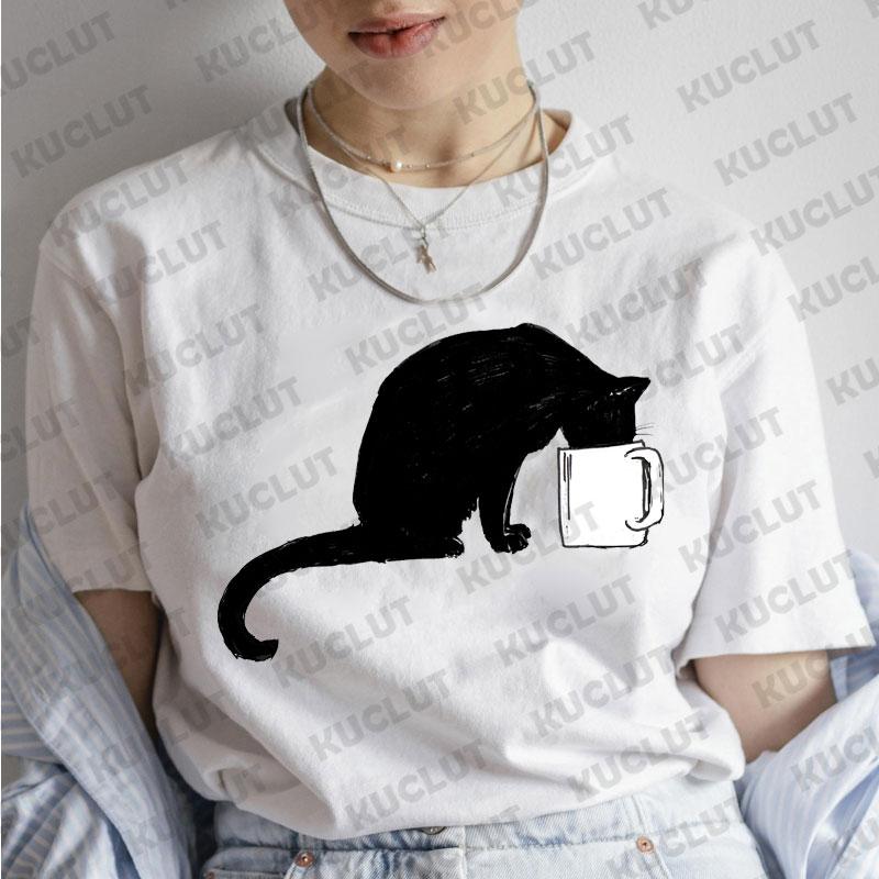 T-Shirt für Damen Schwarze Katzen Print Mode T-Shirt Lässig Rundhals Kurzarm Streetwear Damen T-Shirt Vintage Tee Oberteile