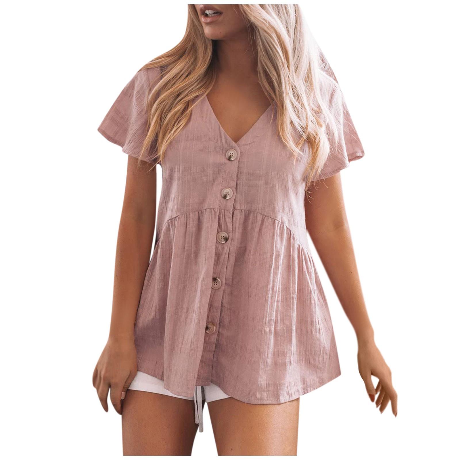 

Женская повседневная модная хлопково-льняная однотонная женская рубашка с коротким рукавом, топ розовый