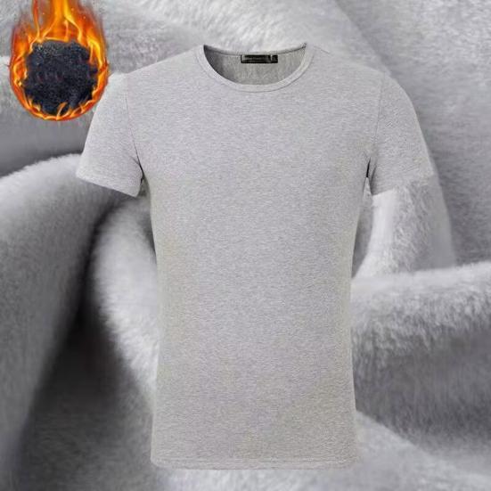 Yousheng Men Summer Top Plush-lined Short Sleeves Round Neck Solid Color Pullover Basic Top Elastic Bottoming Clothes