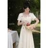 Elegant apricot French short-sleeve dress for women, slimming square neck long A-line dress for summer