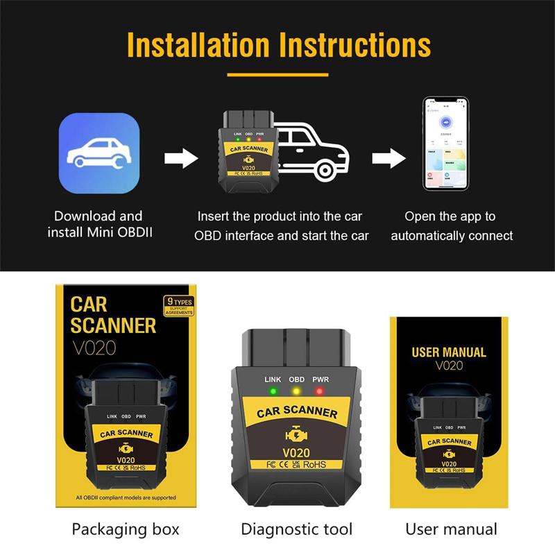 V020 Bluetooth 4.0 2 Car Fault Diagnostic Tool Code Reader For Ios Android Pc Ii Scanner Read&Clear The Fault Codes