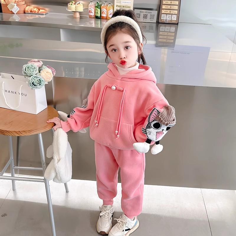 Trendy Girls' Cartoon Sweatshirt and Pants Set - Casual and Sporty Two-Piece Outfit