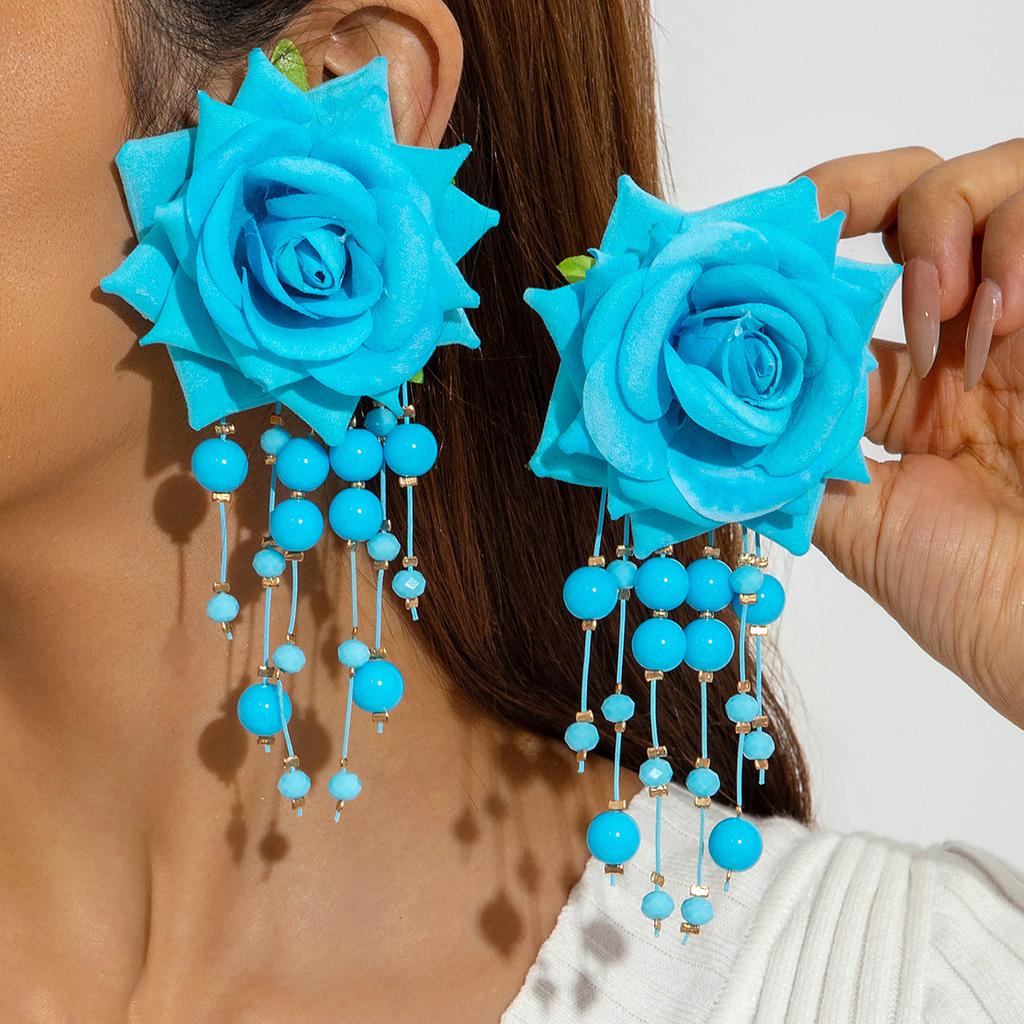Accessories, colorful three-dimensional rose flower earrings, long fringed flower earrings with fresh fabrics