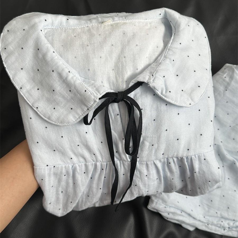 

New Japanese soft cute doll collar blue wave dot bow pajamas women s summer short-sleeved shorts set cute S